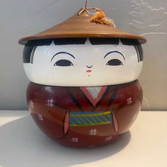 Vintage Japanese 3 pc Lacquer Figural Kokeshi Doll Bento Box Hand Painted - Picture 1 of 5